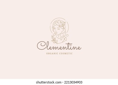 Elegant medieval female bust curly hair decorated by tropical leaves natural branches line logo vector illustration. Romantic ancient elegant gorgeous lady head monument business card emblem