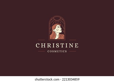 Elegant medieval female with long hair at sun beam decorative frame minimalist logo vector flat illustration. Feminine lady natural beauty romantic poster business card design. Fashion advertising