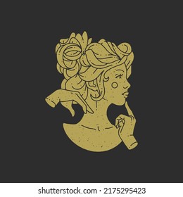 Elegant medieval pensive woman monument with finger near lips having romantic hairstyle and natural beauty grunge texture vector illustration. Antique beautiful lady head minimalist logo for spa salon