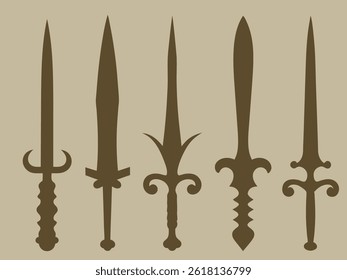 Elegant Medieval Sword Silhouettes Vector Illustration – Historical Decorative Weapons Design.