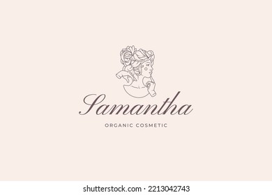 Elegant medieval woman bust romantic hairstyle with hands near mouth minimalist line art silhouette logo vector illustration. Pretty ancient female fashionable monument business card template