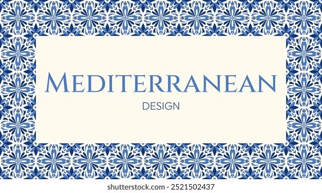 Elegante quadro mediterrânico. Fundo com padrões de azulejos florais azul marinho. Ideal para convites, menus e projetos de design de casamento. Estilos cerâmicos portugueses e marroquinos. Sem tempo e clássico.