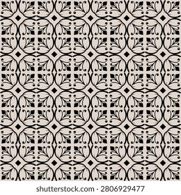 Elegant Mediterranean seamless vector pattern. Black filigree scrollwork and classic majolica inspired motifs on ivory backdrop. This sophisticated Italian or Spanish villa style repeating texture is ideal for luxury home decor, vintage upholstery, and traditional textiles