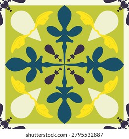 Elegant Mediterranean style pattern featuring botanical motifs in olive green navy blue soft yellow. Ideal for ceramics tiles wallpaper fabric prints home decor luxury surface carpet scarf textiles