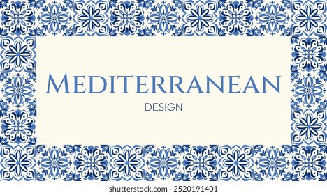 
Elegante quadro com tema mediterrânico apresentando padrões de azulejos florais azul marinho. Ideal para convites, menus e projetos de design de casamento. Estilos cerâmicos portugueses e marroquinos. Sem tempo e clássico.