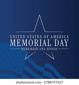 Elegant Memorial Day poster design featuring patriotic typography, American flag elements, and a star outline on a blue background. Ideal for Memorial Day celebrations, remembrance events, military honor campaigns, patriotic banners, social media posts, flyers, greeting cards, and national holiday promotions in the United States.