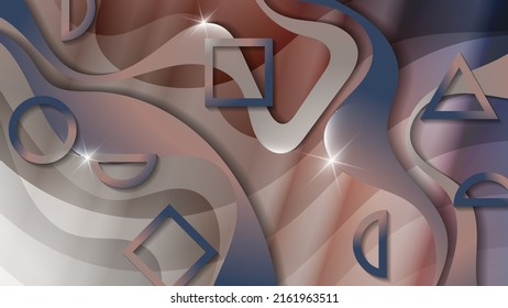 Elegant memphis style wallpaper with 3D effect. Geometric contours against the background of overlapping abstract shapes and stripes, glare and glow. Vector.