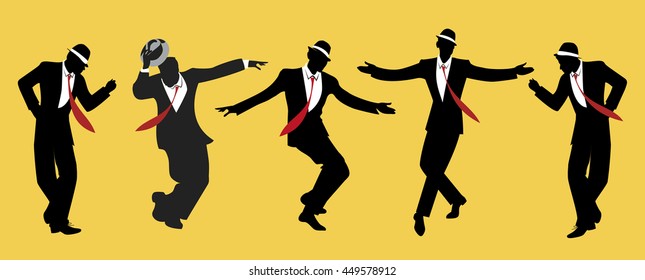 Elegant men wearing hats. Dancing swing or jazz