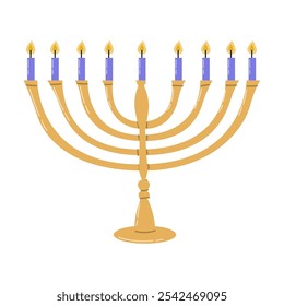 Menorá elegante con velas encendidas para la celebración de hanukkah sobre fondo blanco.