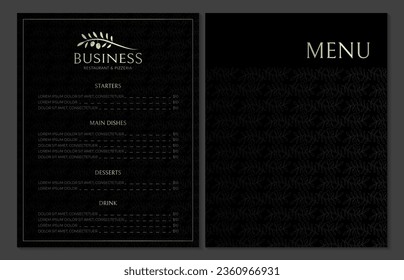 Elegant Menu Design for Italian Style Restaurant in Black Color with Olive Logo and Pattern