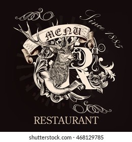 Elegant menu design for restaurant in royal style with hand drawn deer, flourishes, banners and signatures. Old fashioned vector