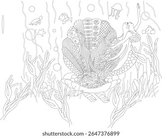 Elegant mermaid illustration with zentangle patterns on a seashell in an enchanting ocean scene, ideal for coloring pages and fantasy themes.