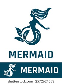 Elegant mermaid logo design in a blue color scheme, featuring a graceful silhouette and aquatic elements