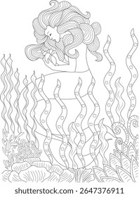 Elegant mermaid with long hair and seashell amidst whimsical underwater flora, detailed black and white line art for coloring.