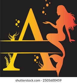 Elegant Mermaid Monogram 'A' Design Underwater Fantasy Silhouette Art design. Alphabet A template. Yellow gradient vector stock isolated on a black background
