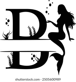 Elegant Mermaid Monogram 'B' Design Underwater Fantasy Silhouette Art design. Alphabet B template, vector stock