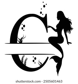 Elegant Mermaid Monogram 'C' Design Underwater Fantasy Silhouette Art design. Alphabet C template, vector stock