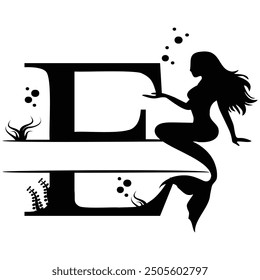 Elegant Mermaid Monogram 'E' Design Underwater Fantasy Silhouette Art design. Alphabet E template, vector stock