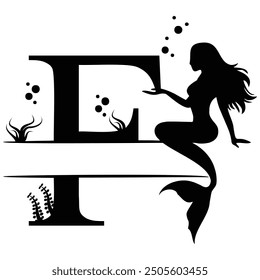 Elegant Mermaid Monogram 'F' Design Underwater Fantasy Silhouette Art design. Alphabet F template. vector stock