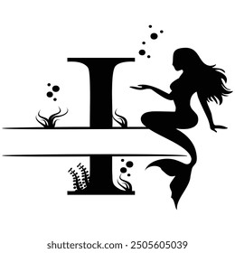 Elegant Mermaid Monogram 'I' Design Underwater Fantasy Silhouette Art design. Alphabet I template, vector stock