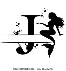 Elegant Mermaid Monogram 'J' Design Underwater Fantasy Silhouette Art design. Alphabet J template, vector stock
