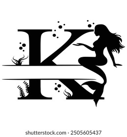 Elegant Mermaid Monogram 'K' Design Underwater Fantasy Silhouette Art design. Alphabet K template, vector stock