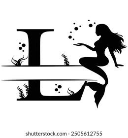 Elegant Mermaid Monogram 'L' Design Underwater Fantasy Silhouette Art design. Alphabet L template, vector stock
