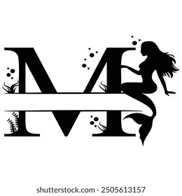 Elegant Mermaid Monogram 'M' Design Underwater Fantasy Silhouette Art design. Alphabet M template, vector stock