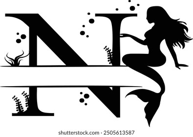 Elegant Mermaid Monogram 'N' Design Underwater Fantasy Silhouette Art design. Alphabet N template, vector stock