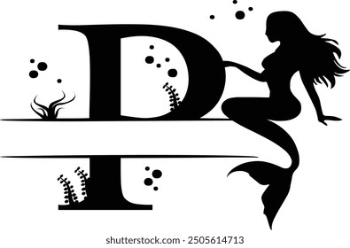 Elegant Mermaid Monogram 'P' Design Underwater Fantasy Silhouette Art design. Alphabet P template, vector stock