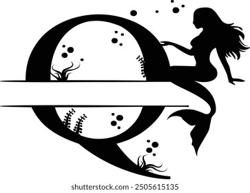 Elegant Mermaid Monogram 'Q' Design Underwater Fantasy Silhouette Art design. Alphabet Q template, vector stock