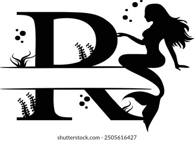 Elegant Mermaid Monogram 'R' Design Underwater Fantasy Silhouette Art design. Alphabet R template, vector stock