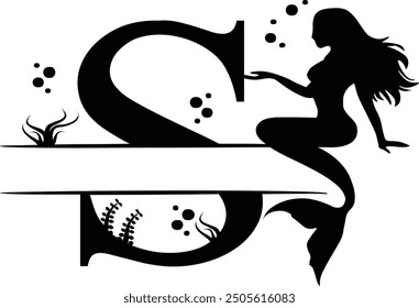 Elegant Mermaid Monogram 'S' Design Underwater Fantasy Silhouette Art design. Alphabet S template. vector stock