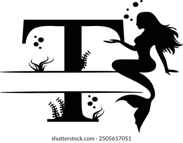 Elegant Mermaid Monogram 'T' Design Underwater Fantasy Silhouette Art design. Alphabet T template, vector stock