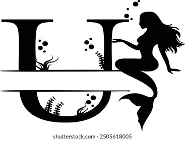 Elegant Mermaid Monogram 'U' Design Underwater Fantasy Silhouette Art design. Alphabet U template, vector stock