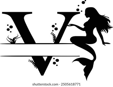 Elegant Mermaid Monogram 'V' Design Underwater Fantasy Silhouette Art design. Alphabet V template, vector stock