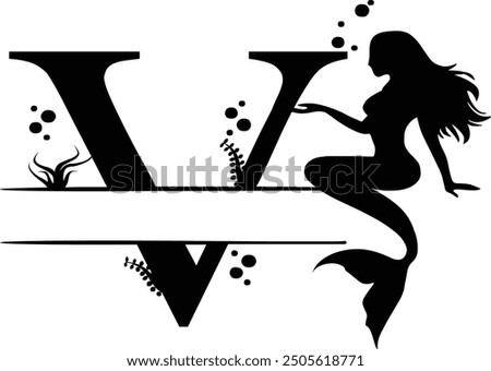 Elegant Mermaid Monogram 'V' Design Underwater Fantasy Silhouette Art design. Alphabet V template, vector stock