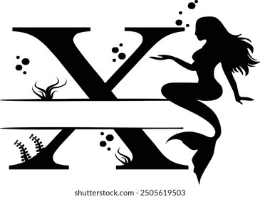 Elegant Mermaid Monogram 'X' Design Underwater Fantasy Silhouette Art design. Alphabet X template, vector stock