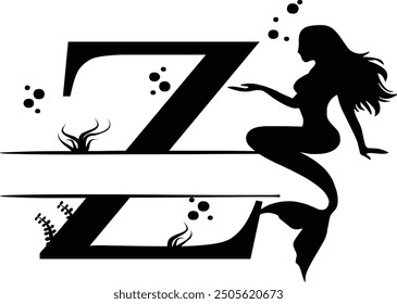 Elegant Mermaid Monogram 'Z' Design Underwater Fantasy Silhouette Art design. Alphabet Z template, vector stock