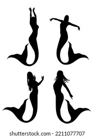 Elegant Mermaid Vector Silhouette Illustration Isolated On White Background. Attractive Woman From Mythology. Siren Lady With Long Tail Dancing Under The Sea. 