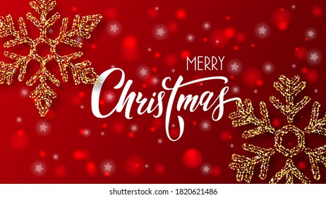 Elegant Merry Christmas card with golden snowflakes on a festive sparkling background. Vector illustration