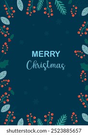 Elegant Merry Christmas card with red berries and greenery on a dark teal background