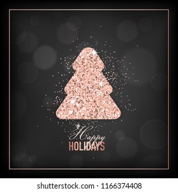 elegant merry christmas card with rose gold glitter xmas tree for invitation or greetings or flyer and new year brochure 2019