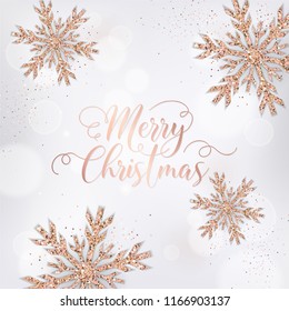 elegant merry christmas card with rose gold glitter snowflakes for xmas invitation or greetings or flyer and new year brochure 2019