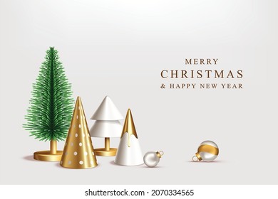 Elegant Merry Christmas design with Realistic Christmas tree, decorative balls, decorative cones