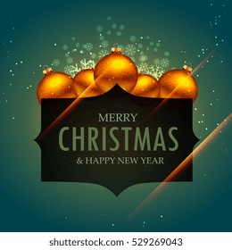 elegant merry christmas greeting design with golden balls and snow flakes