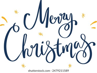 Elegant Merry Christmas handwritten dark blue cursive font surrounded yellow decorative elements isolated white background. Perfect holiday greeting cards, banners, festive invitations. Calligraphy