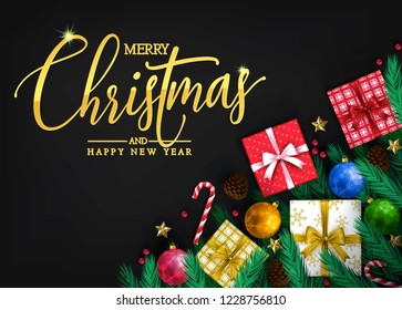 Elegant Merry Christmas and Happy New Year Typography Gold Color Greeting Message with Realistic Christmas Elements Like Gifts,  Pine Cones, Fir Branches, Christmas Balls and Different Colors of Candy