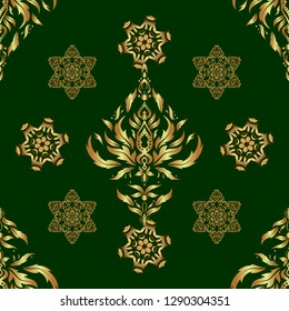 Elegant Merry Christmas or Happy New Year 2019 seamless pattern with golden ornament on a green background. Vector illustration.