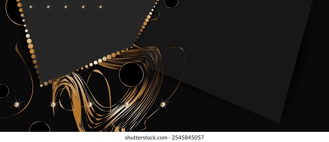 Elegant Merry Christmas and Happy New Year banner. Dark christmas paper cut snowflake with shadow on black background